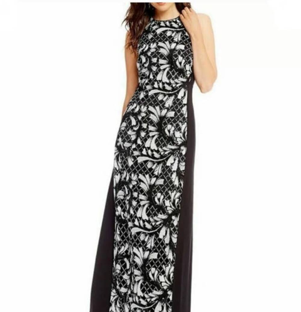 Badgley Mischka Embroidered Sequin Front Black sleeveless Maxi Dress Size 2